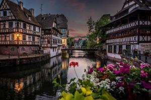 a river in a city with buildings and flowers at Chez Sam in Oberhausbergen
