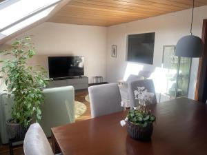 sala de estar con mesa con sillas y TV en Familiennest Blaustein, en Blaustein 6 fotos más