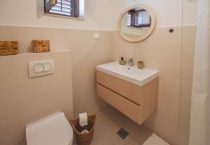 łazienka z umywalką, toaletą i lustrem w obiekcie Apartment Blazenka w mieście Tkon