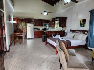 a large bedroom with a bed and a kitchen at Caribbean Shores Belize in Hopkins