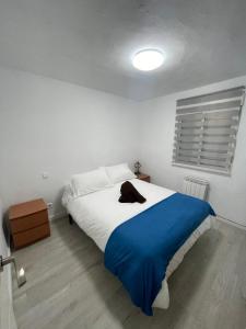 a bedroom with a large bed with a blue blanket at Piso con Vistas y Mucho Encanto in Madrid