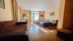 a living room with a couch and a bed at Pensiunea Limpedea in Baia-Sprie