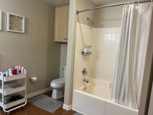 a bathroom with a shower and a white toilet at Spacious 1bdrm apartment 10 mins to Cedars-Sinai by car FREE Parking, King bed in Los Angeles +31 photos