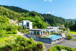 an aerial view of a house with a swimming pool at Gapyeong Bobo Dog Pool Villa in Gapyeong +6 photos