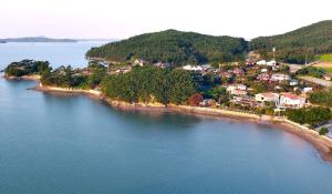 an aerial view of a small island in the water at Bada Jeongwon Pension in Seosan