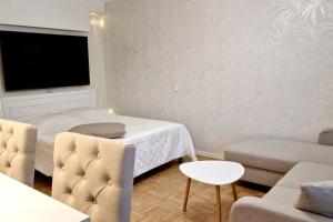 a bedroom with a bed and a couch and a tv at Villa Ruths Stay Lehmus in Kouvola