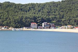 a group of buildings on a beach next to the water at Taean Cheollipo Condon Pension in Taean