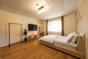 a bedroom with a bed and a flat screen tv at Gapyeong Morning Calm Pension in Gapyeong