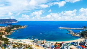 an aerial view of a beach and the ocean at Samcheok Jangho Good Morning Pension in Yonghwa