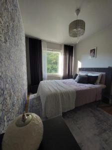a bedroom with a large bed and a window at 50s Atmospheric Suite in Turku