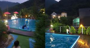 two pictures of a swimming pool at night at Miryang Vitamins in Miryang