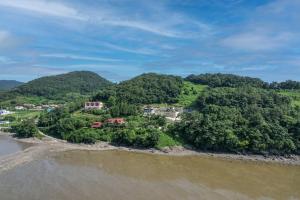 an island in the water with houses and trees at Badawiae Tongnamu Pension in Yeosu