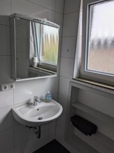 a bathroom with a sink and a mirror and a window at Schöne einfache Ferienwohnung zwischen Stadt und Meer in Wilhelmshaven +18 photos
