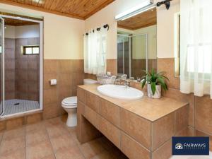 a bathroom with a sink and a shower and a toilet at Fairways Drakensberg Resort in Drakensberg Garden