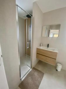 a bathroom with a shower and a sink and a mirror at Chez Sam in Oberhausbergen