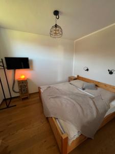 a bedroom with a bed and a flat screen tv at Apartment Steinernes Meer inklusive Saalfelden Leogang Card in Saalfelden am Steinernen Meer
