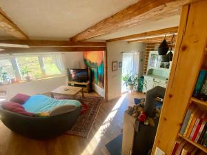 a living room with a couch and a television at Bienenhaus Van Sonnensee in Ritzing