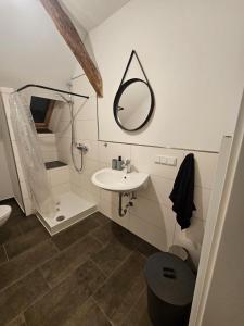a bathroom with a sink and a mirror at Modernes Wohlfühl Apartment in Schwanewede