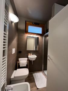 a bathroom with a toilet and a sink and a mirror at Holiday Homes in Viadanica Colognola +31 photos