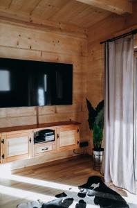 a living room with a flat screen tv on a wooden wall at Przewodnicka Chata in Kościelisko