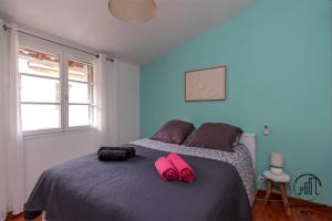 a bedroom with a bed with two pink pillows on it at Chez Leopold et Anais au cœur d Albi in Albi