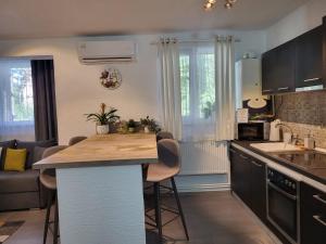 a kitchen with a kitchen island with a counter top at Mona Central Apartment in Hunedoara