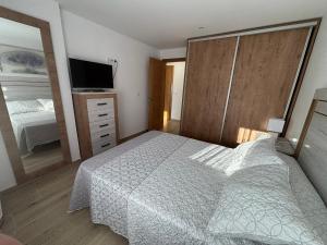 ein Schlafzimmer mit einem Bett, einem Fernseher und einem Spiegel in der Unterkunft Piso en Ribeira a 20metros de la playa de Coroso by Cristian&Tamara "alquileres" in Ribeira