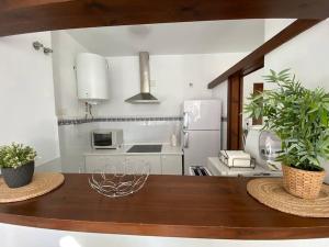 サンルーカル・デ・バラメダにあるApartamento Di Matteo, Playa-Piscinaのキッチン(木製テーブル、鉢植えの植物2本付) +41枚の写真