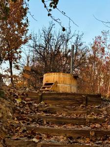 a set of wooden stairs with a wooden barrel at Cabana Poiana Florica in Ciucea