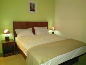 1 dormitorio con 1 cama blanca grande y 2 lámparas en Ocean Terrace en Port Blair