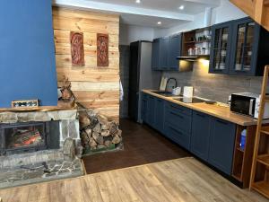 a kitchen with a fireplace and blue cabinets at Połoninka in Ustrzyki Górne
