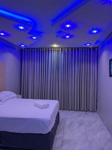 a bedroom with a bed and purple lights on the ceiling at Annie's Guest Lodge in Volksrust