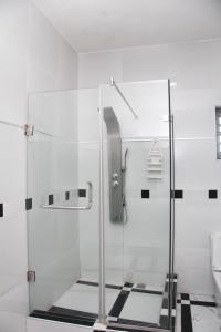 a shower with a glass door in a bathroom at Opal Exquisite Apartment in Lekki