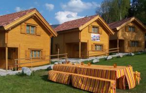 a wooden house with a table in front of it at Ferienhütten Zimmermann in Spital am Semmering