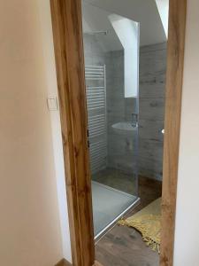 a glass shower in a bathroom with a sink at Turistická Ubytovňa Zádiel - Turistaszálló Szádelő in Zádiel