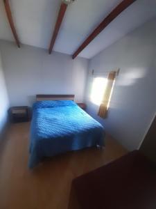 a bedroom with a blue bed and a window at Los aromos in Lago Ranco +1 photo