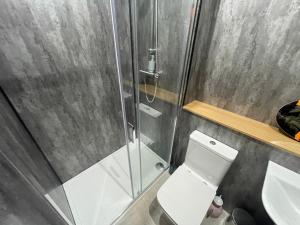 a bathroom with a shower with a toilet and a sink at Stylish Apartment in Leeds City Centre in Central Station