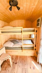 1 dormitorio con literas en una cabaña de madera en Schäferwagen Grünspecht, en Ulmen