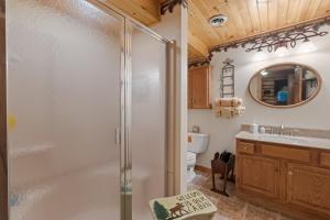 a bathroom with a shower and a sink at Lakefront Log Cabin on 2 acres in Washington +37 photos