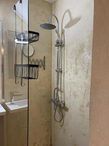 a shower in a bathroom with a sink at River Country Homes in Kalavrita +10 photos