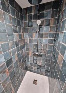 a bathroom with a shower with blue tiles at Sadi Carnot in Arles