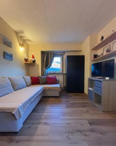 salon z kanapą i telewizorem w obiekcie Casa Porrone w mieście Passo del Tonale
