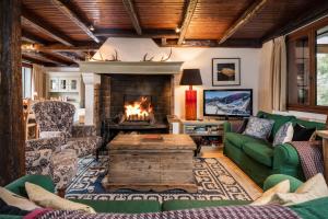 a living room with a couch and a fireplace at Chalet Du Guide in Les Allues