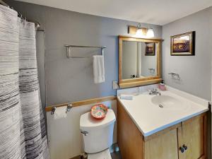 a bathroom with a sink and a toilet and a mirror at Coastal Cozy and a View in Padre Island +11 photos