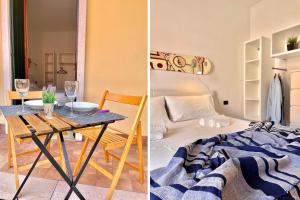 a dining room and a living room with a table at Valpolicella Lodge parking gratuito fino a 4 pax in SantʼAmbrogio di Valpolicella