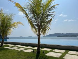 two palm trees in front of a body of water at JQ Sea & Sunset view, 25th floor, Swimming Pool, byMGSabah in Kota Kinabalu