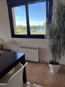 a room with a table and a potted plant and a window at Casa con vistas al lago golf leon in León