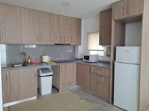 a kitchen with wooden cabinets and a white refrigerator at Casa da Travessa in Seia