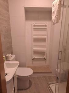 a white bathroom with a toilet and a shower at Casa da Travessa in Seia