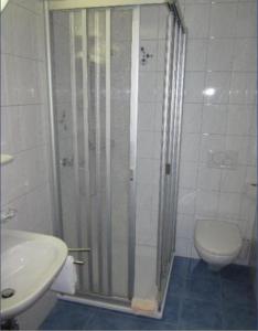 ein Bad mit einer Dusche, einem WC und einem Waschbecken in der Unterkunft Hotel Montana in Seelisberg
